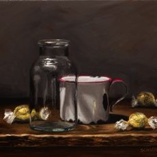 A painting of a glass bottle and a cup of coffee.