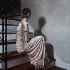 A painting of a woman sitting on stairs.