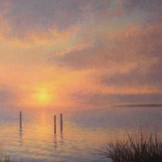 A painting of a sunset over a body of water.
