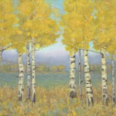 A painting of yellow aspen trees in front of a lake.