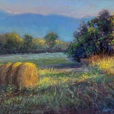 A painting of hay bales in a field metal print.