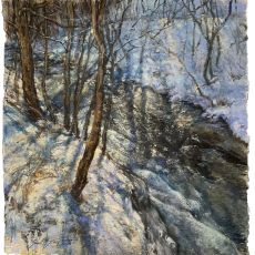 A painting of a stream in the snow.