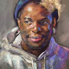 A painting of a man wearing a hoodie.