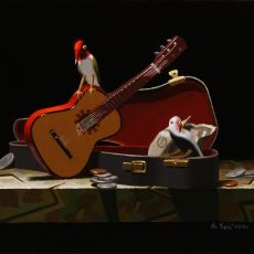 A painting of a guitar and birds on a table.