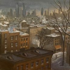 A painting of a city with snow on the ground.