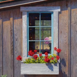 A painting of a window with flowers in it.