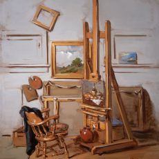 A painting of an easel in an art studio.