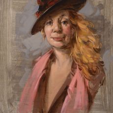 A painting of a woman wearing a hat.