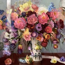 A painting of flowers in a vase on a table.