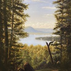A painting shows a view of a lake and trees.