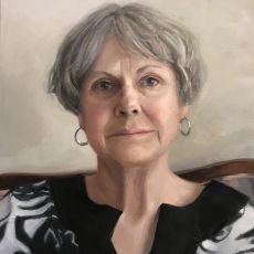 A painting of an older woman with gray hair.