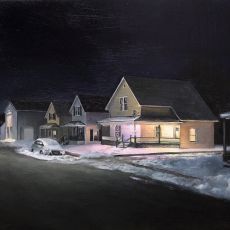 A painting of a snowy street at night.