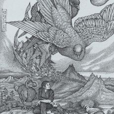 A black and white drawing of a bird flying over a mountain.