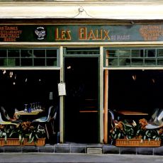 A painting of a restaurant in paris.