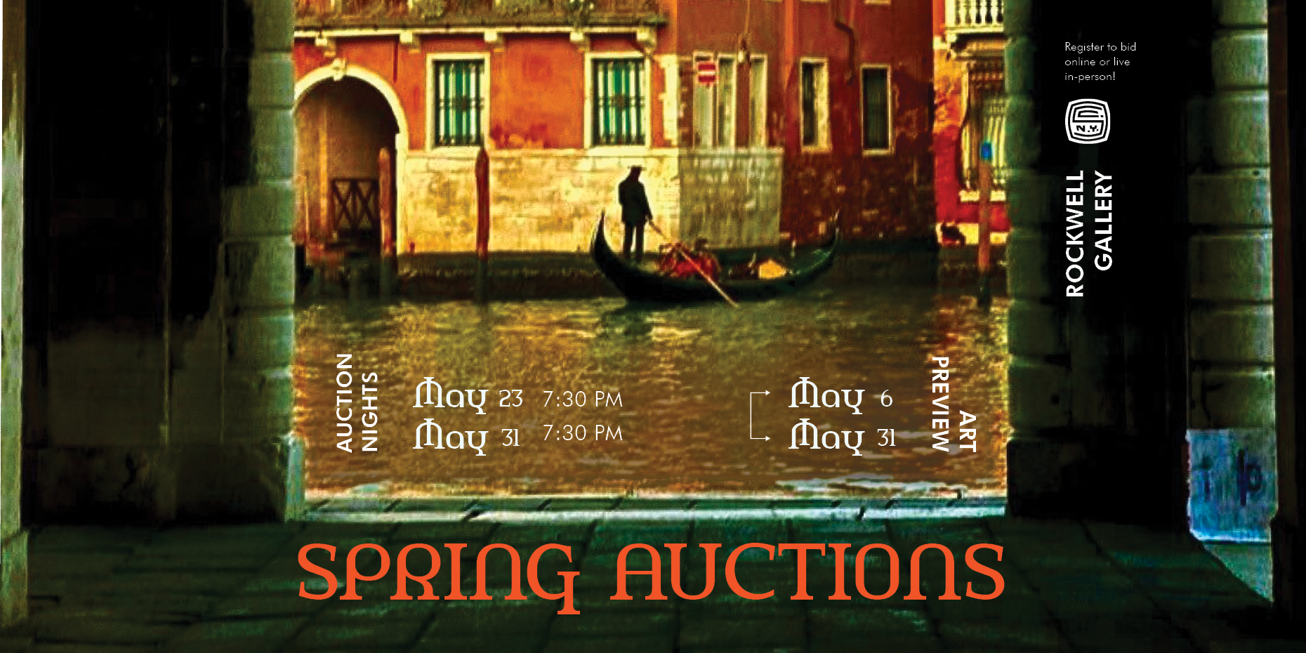 Promotional poster for "spring auctions" featuring a gondola on a venice canal at night, with event dates and online registration details.