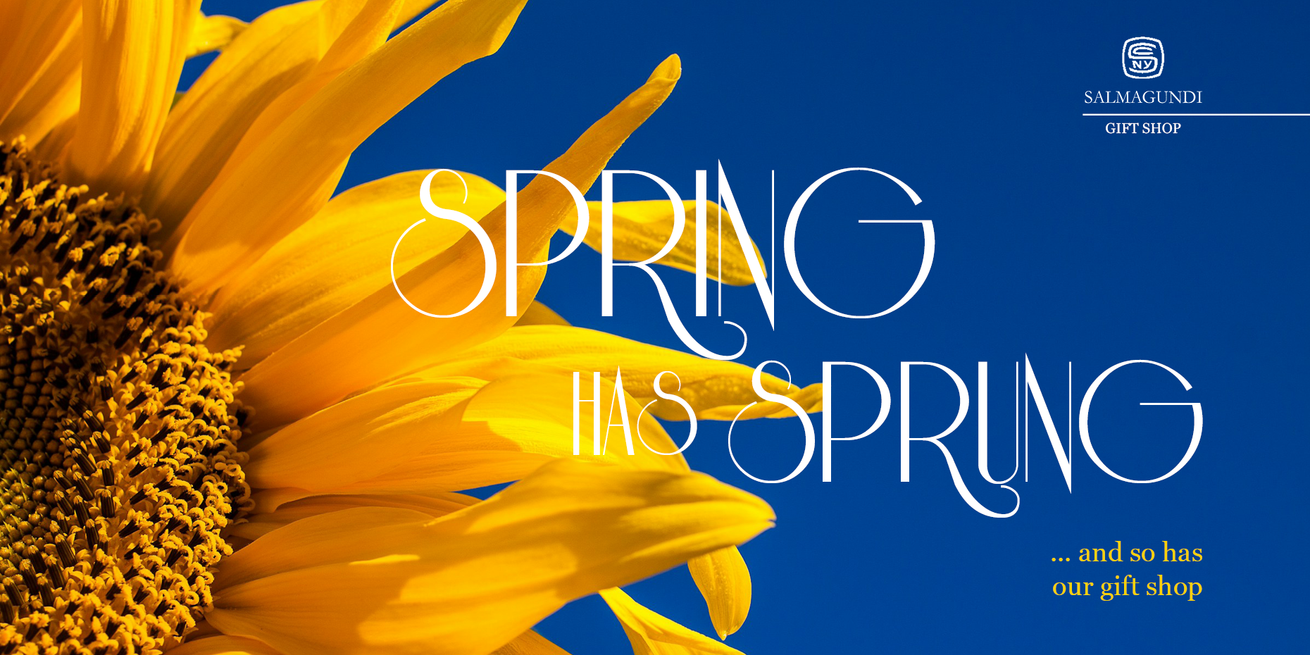 A vibrant sunflower with text overlay announcing "spring has sprung" advertises the opening of a gift shop.