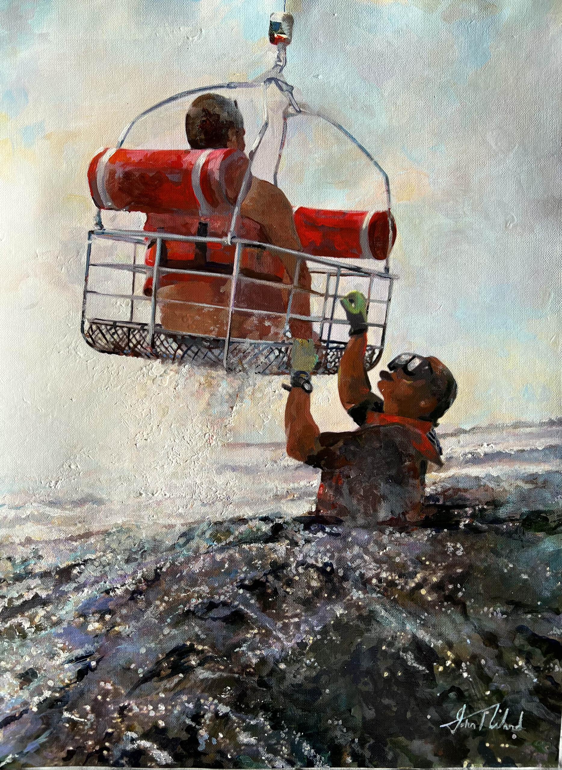 A man reaches in the ocean reaches out to a hanging vessel where a man wearing a life jacket sits.